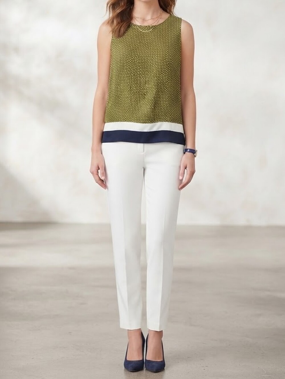 Loft - Tie Back Shell Sleeveless Top | Size Medium Petite | Navy & Lime Geo